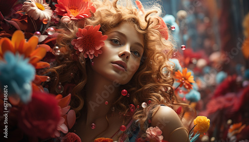 A beautiful young woman with curly hair and a flower generated by AI