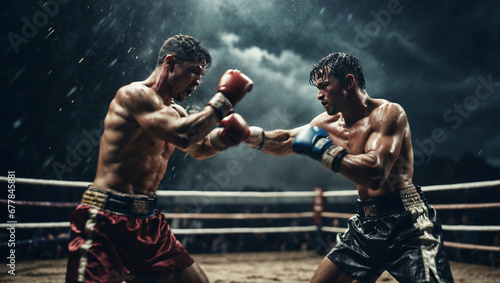 Wallpaper Mural Due pugili combattono in un ring all'aperto durante una tempesta con pioggia a lampi Torontodigital.ca