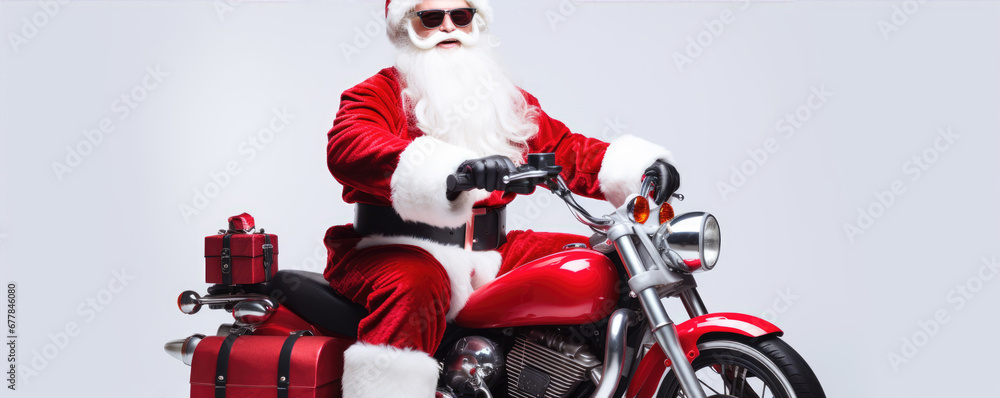 Portrait of the trendy Santa Claus looking for the camera with sunglasses Portrait of the trendy Santa Claus looking for the camera with sunglasses
