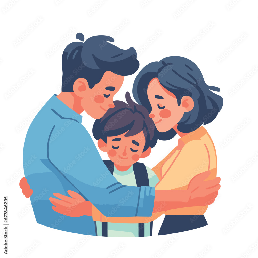 Parents hug and support child on his first day at school vector illustrations on white background Parents hug and support child on his first day at school vector illustrations on white background