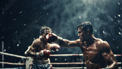 Due pugili combattono in un ring all'aperto durante una tempesta con pioggia a lampi photo