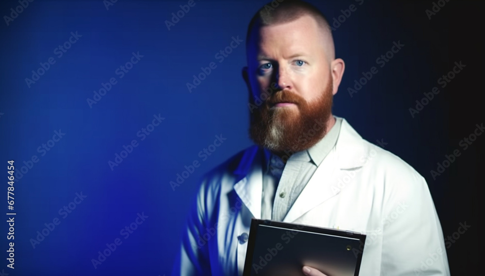 Serious Caucasian scientist holding stethoscope, analyzing digital tablet in lab generated by AI Serious Caucasian scientist holding stethoscope, analyzing digital tablet in lab generated by AI
