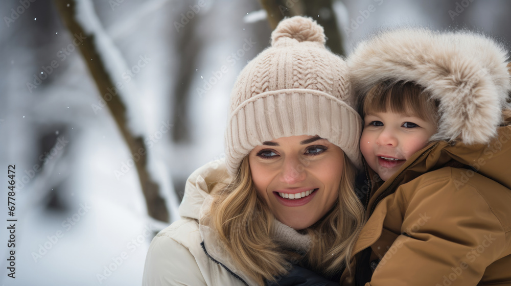 Fototapeta premium A joyful moment of a smiling woman warmly dressed in winter clothing, holding a cheerful young child, both enjoying a snowy day outdoors.