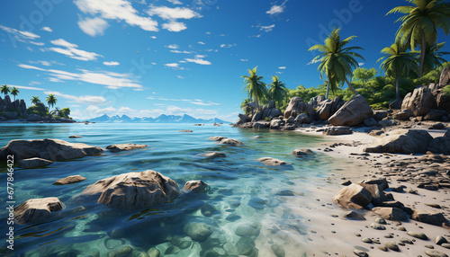 Idyllic tropical coastline with blue water and palm trees generated by AI