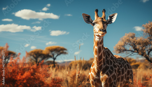 Giraffe standing in grass  looking at camera generated by AI