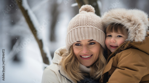 A joyful moment of a smiling woman warmly dressed in winter clothing, holding a cheerful young child, both enjoying a snowy day outdoors. © MP Studio