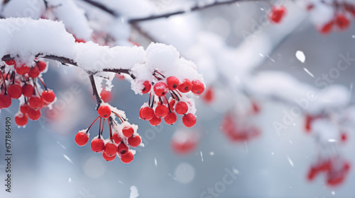 A serene winter scene where red berries and tree branches are delicately frosted with white snow and ice crystals, highlighting the cold beauty of nature