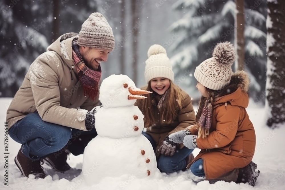 Happy father, mother and kids gathering in snow-covered park together sculpting funny snowman from snow. Parents and children playing outdoor in winter forest. Family active holiday comeliness - obrazy, fototapety, plakaty 