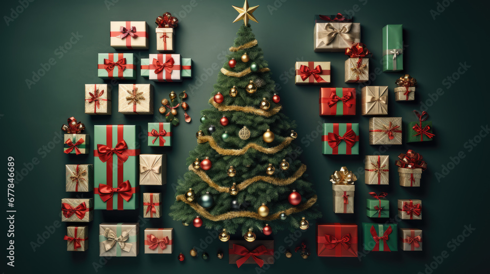Beautifully decorated Christmas tree surrounded by a multitude of elegantly wrapped gifts, set against a rich teal background. Beautifully decorated Christmas tree surrounded by a multitude of elegantly wrapped gifts, set against a rich teal background.