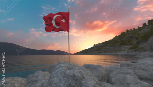 Turkish flag waves proudly in silhouette against majestic seascape background generated by AI