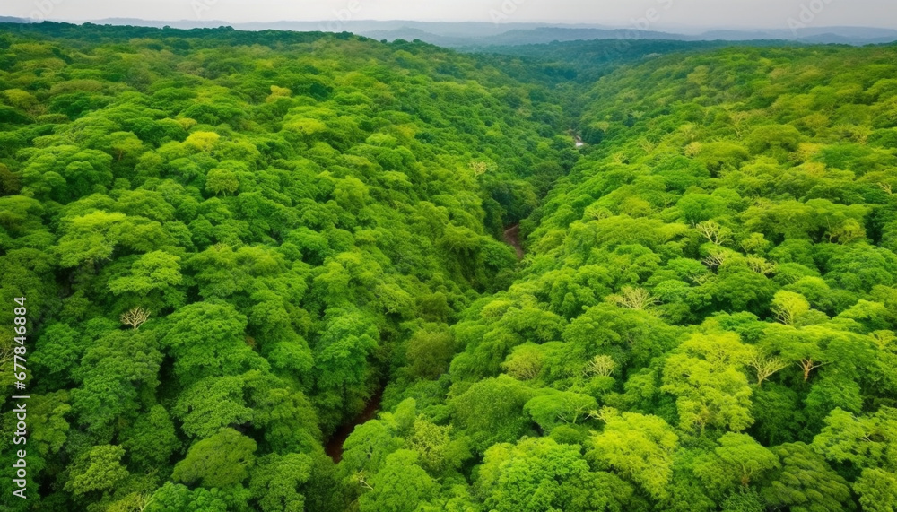 Obraz premium Tranquil scene of green meadow and mountain range, aerial view generated by AI