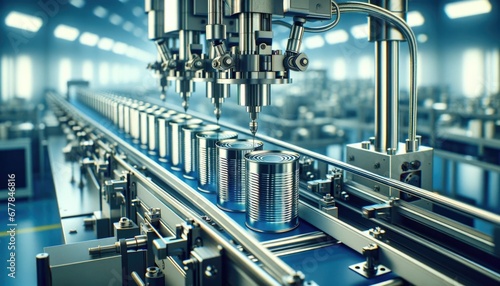 A close-up of a high-tech industrial production line for canned products with a single row of shiny metal cans moving along a conveyor belt photo