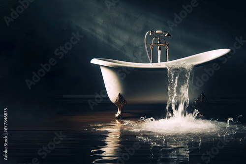 Water is gushing out of the overflowing bathtub. Space for text.