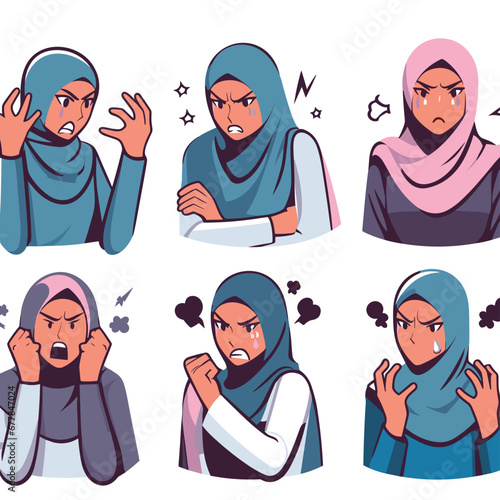young muslim women wearing hijab in various styles vector illustrations on white background