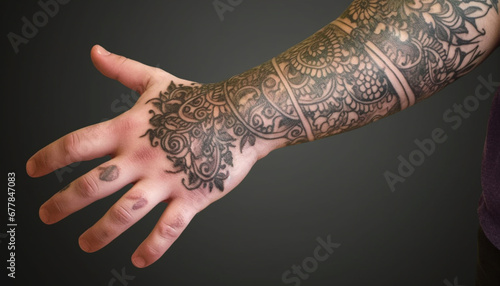 Elegant henna tattoo design on young woman hand, gold background generated by AI