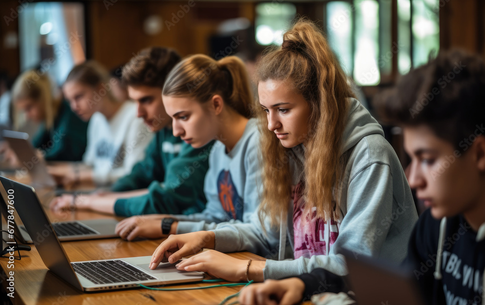 Teen students learning on laptop computers in ful modern classroom with wooden desks Teen students learning on laptop computers in ful modern classroom with wooden desks