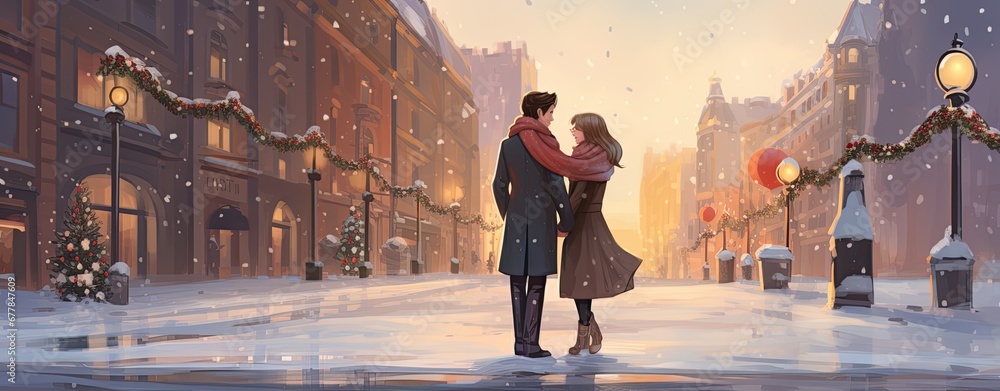 happy couple on winter street romantic illustration - obrazy, fototapety, plakaty 