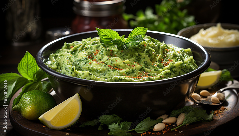Freshness and gourmet in a healthy avocado bowl generated by AI Freshness and gourmet in a healthy avocado bowl generated by AI