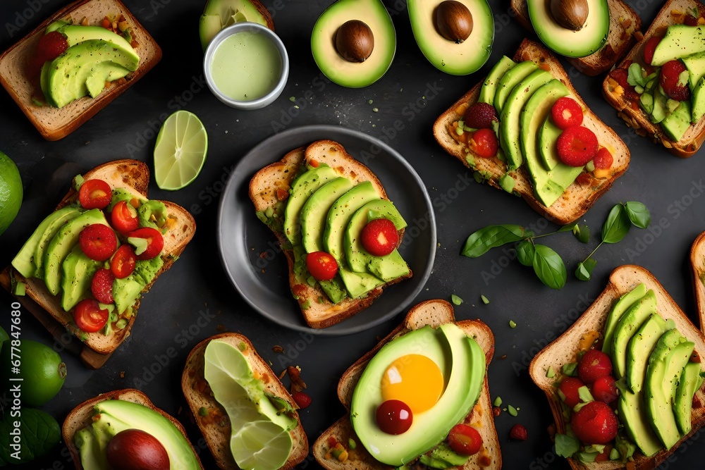 enticing aesthetics of a healthy breakfast with an image showcasing a toast topped with fresh avocado slices, inviting vibrant colors and textures, setting a wholesome and appetizing visual,.