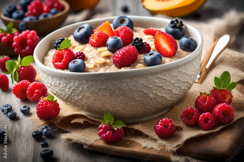 Capture the delightful aesthetics of a nutritious breakfast with an image showcasing a bowl of oatmeal porridge adorned with a variety of fresh and vibrant berry fruits,. Capture the delightful aesthetics of a nutritious breakfast with an image showcasing a bowl of oatmeal porridge adorned with a variety of fresh and vibrant berry fruits,.
