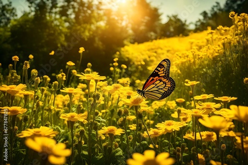 A detailed image highlighting the fragile nature of a butterfly amidst a landscape filled with sunny yellow flowers, depicting a creatively composed and serene summer garden scene,. © Haseeb