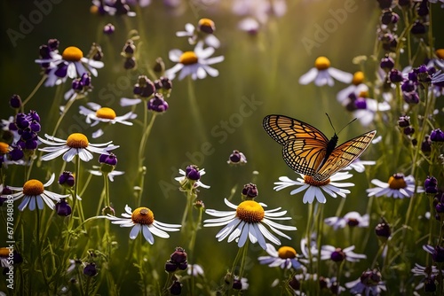 Craft a high-definition image showcasing the natural beauty of chamomile and purple wild peas, with a delicate butterfly adding to the allure, creating a serene and enchanting wildflower landscape,. © Haseeb