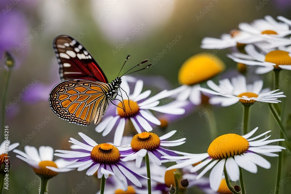 Illustrate the natural splendor of wild chamomile, purple wild peas, and a graceful butterfly in an photograph, creating a serene and enchanting floral landscape,.