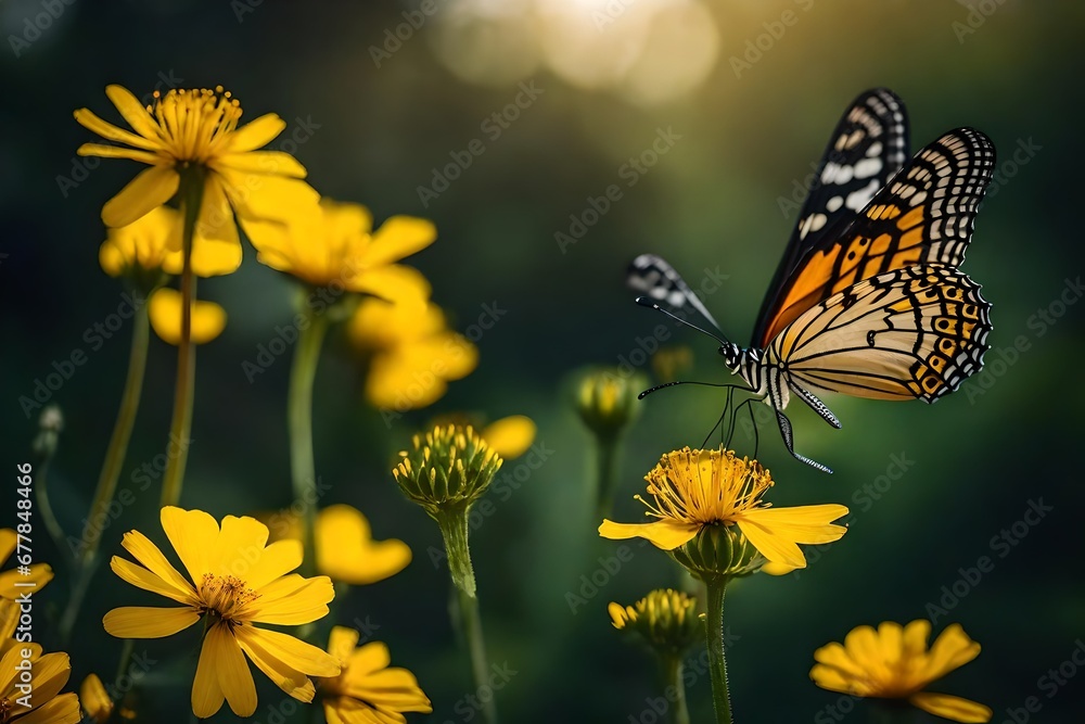 Illustrate the delicate balance between a fragile butterfly and the radiant yellow flowers in an photograph, crafting a creatively composed and visually stunning summer garden image,. Illustrate the delicate balance between a fragile butterfly and the radiant yellow flowers in an photograph, crafting a creatively composed and visually stunning summer garden image,.