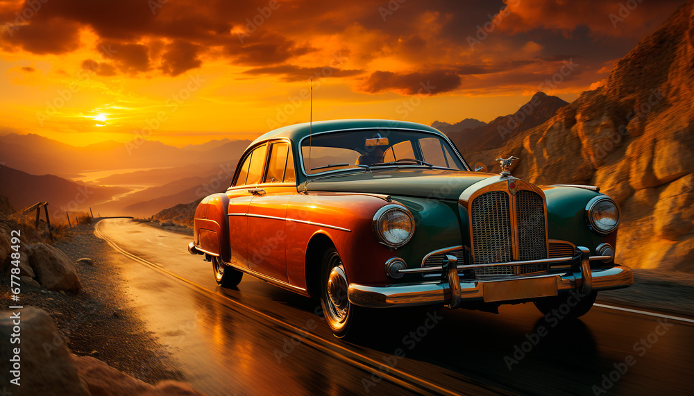 Old fashioned vintage car driving through the scenic mountain landscape at sunset generated by AI