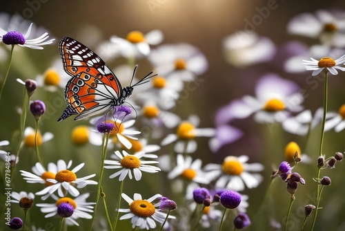 Capture the captivating beauty of chamomile  purple wild peas  and a delicate butterfly in an image  presenting a serene and picturesque wildflower scene .