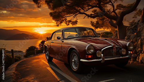 Old fashioned vintage car driving through the rural landscape at sunset generated by AI