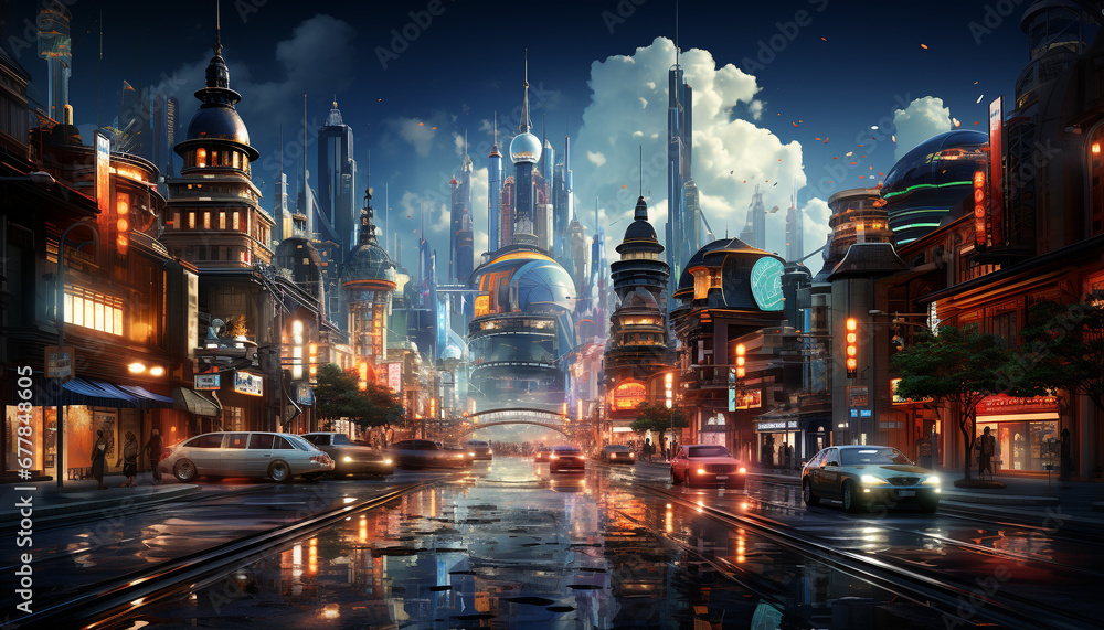 Night falls on the famous city, its architecture illuminated in dusk generated by AI