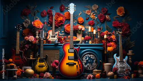 Guitarist playing acoustic guitar, musician singing, colorful decoration on stage generated by AI