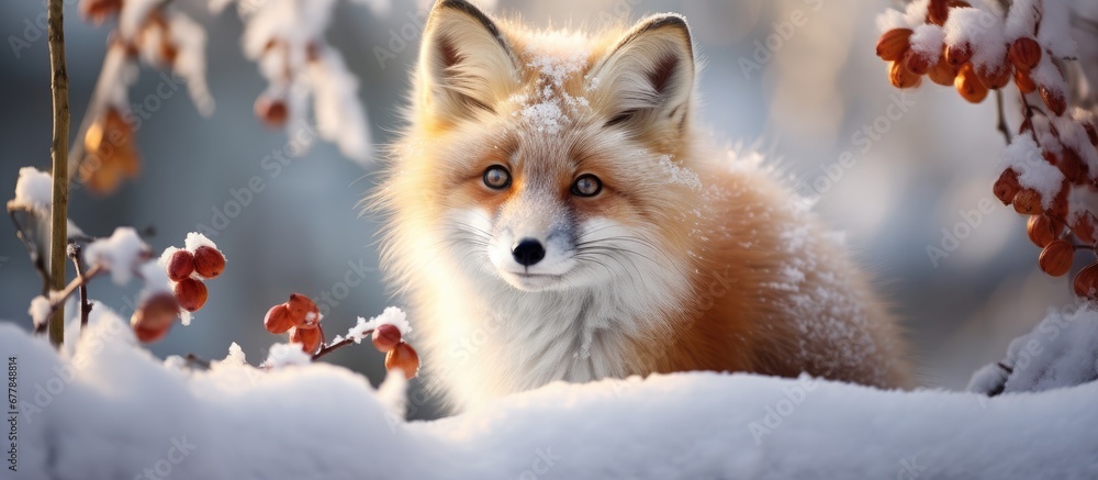 Obraz premium winter forest surrounded by a snowy landscape a cute animal with red fur and captivating green eyes stands against a background of majestic trees highlighting the stunning beauty of natures