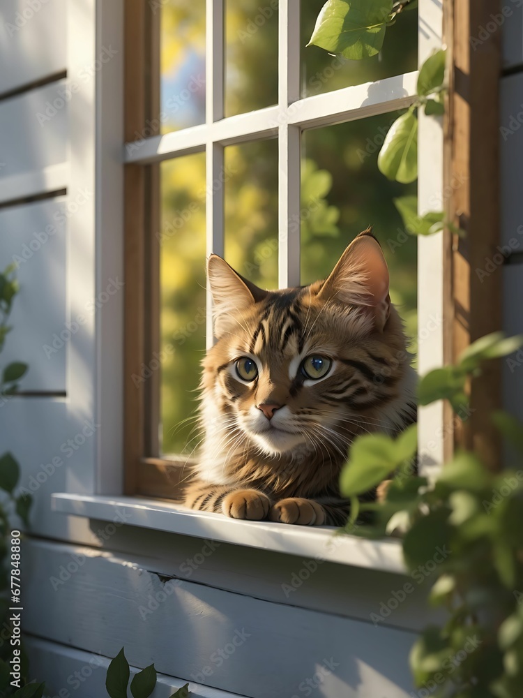 Siberian kitten sitting on the window sill in the garden, siberian kitten, sitting, window sill, garden, outdoors, pet, feline, cute, adorable, playful, young cat, nature, domestic, kitty, greenery
