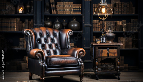 Luxury old fashioned library with comfortable leather armchair and bookshelf generated by AI