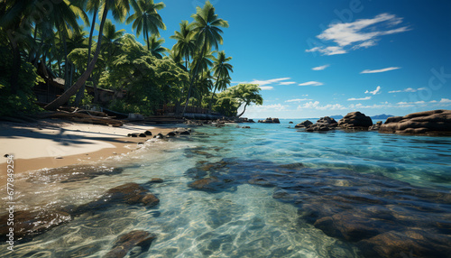Idyllic tropical coastline, blue waters, palm trees, tranquil sunset beauty generated by AI