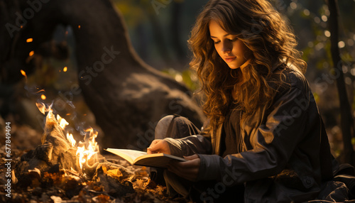 A young woman sitting outdoors, reading a book in autumn generated by AI