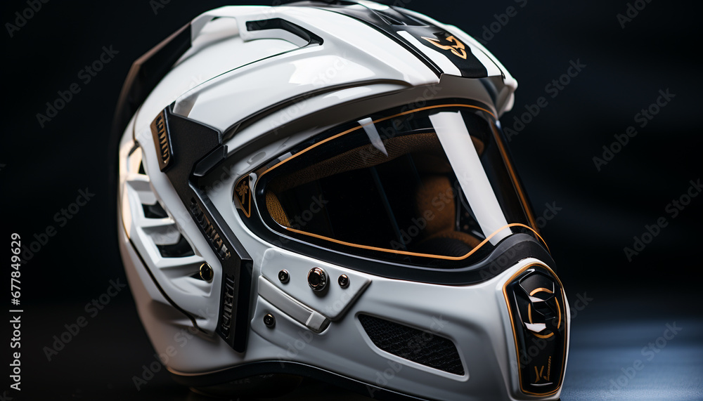 Fototapeta premium Motorcycle helmet, cycling race, extreme sports adventure generated by AI
