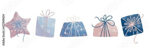 A set of Christmas and New Year gifts in festive packaging. Vector graphics.