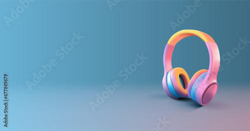 Modern youth 3D wireless headphones for listening to music. Colorful realistic image of portable headphones for advertising music tracks, songs, and albums. photo