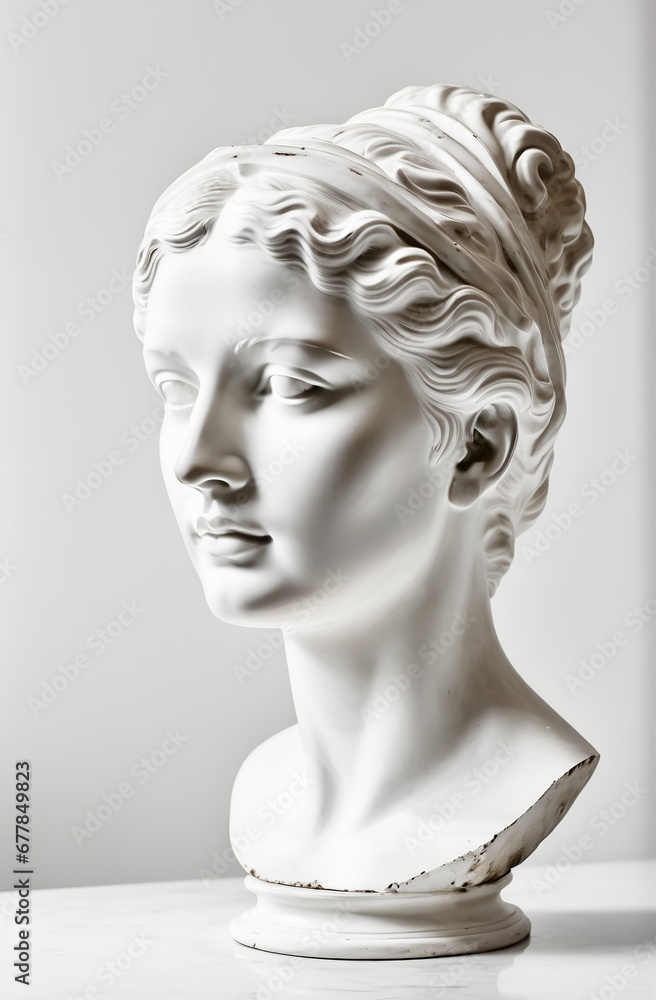 generative ai, An antique bust of a girl made of white stone stands on the table. A beautiful face, a work of art