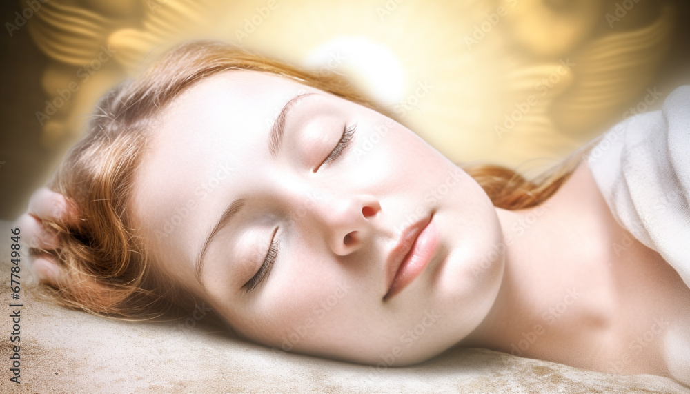 Caucasian woman, eyes closed, smiling, resting in serene nature generated by AI Caucasian woman, eyes closed, smiling, resting in serene nature generated by AI