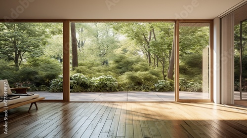 Wnętrze pokoju z dużym oknem tarasowym z widokiem na ogród