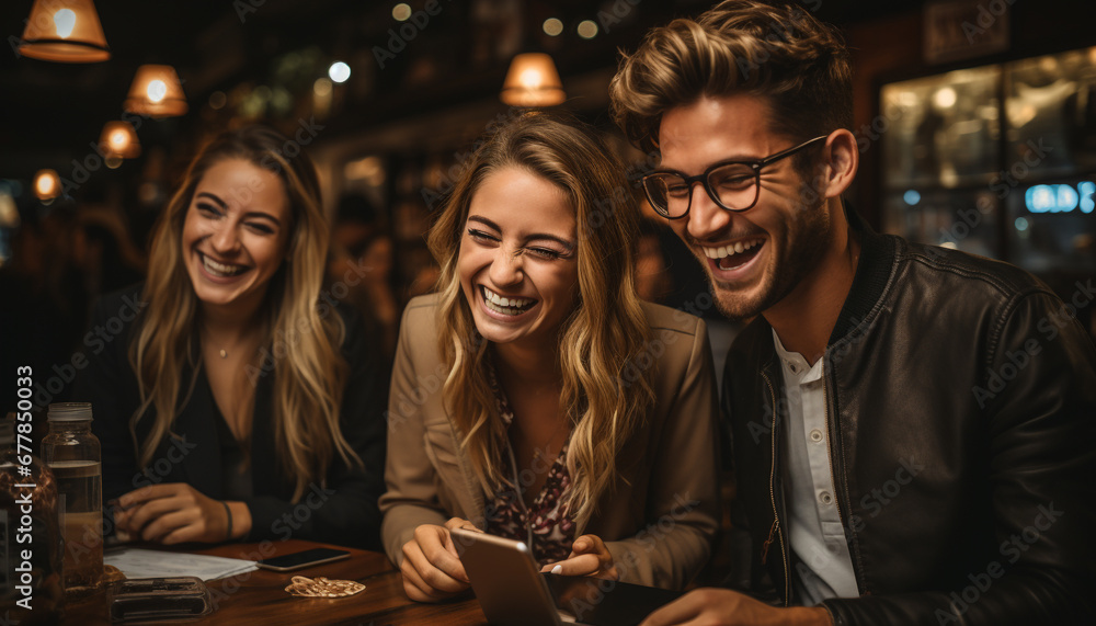 Smiling women and men enjoy nightlife together generated by AI Smiling women and men enjoy nightlife together generated by AI