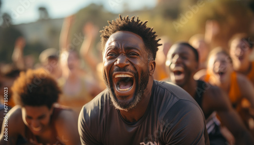 African American men smiling, enjoying outdoor sports competition generated by AI © Jemastock