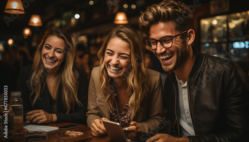 Smiling women and men enjoy nightlife together generated by AI