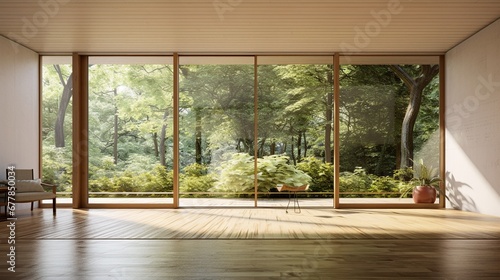 Wnętrze pokoju z dużym oknem tarasowym z widokiem na ogród