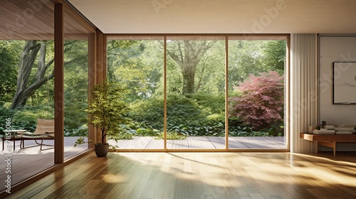 Wnętrze pokoju z dużym oknem tarasowym z widokiem na ogród