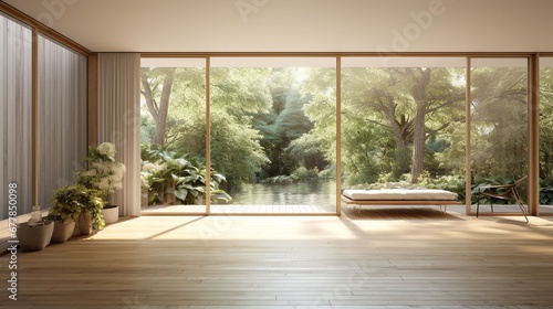 Wnętrze pokoju z dużym oknem tarasowym z widokiem na ogród © VILKTERIO
